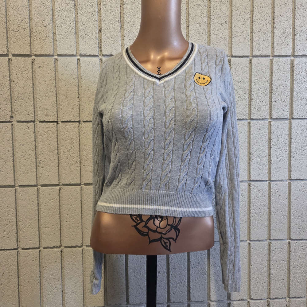 V-Neck Cable Knit Sweater with Smiley Patch — Light Gray